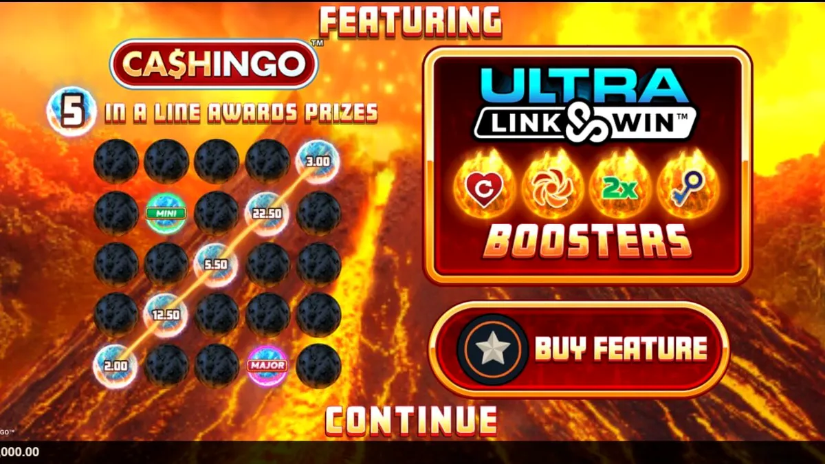 Eruption Blaze Cashingo slot machine interface with volcanic theme