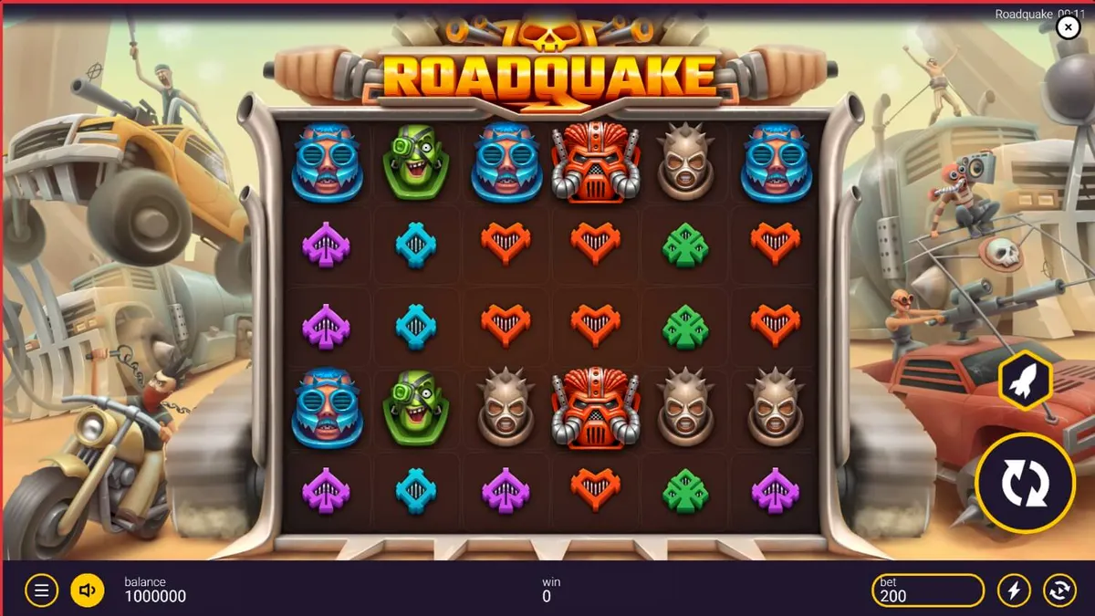 Tampilan visual game slot Roadquake dengan tema pertempuran jalan raya yang eksplosif